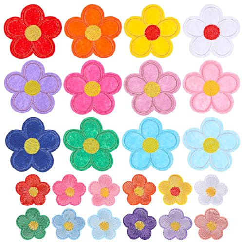 TIESOME 24 Stück Aufnähern, Gänseblümchen Aufnäher niedliche Sonnenblumen Stickerei Flicken zum Aufbügeln in zwei Größen bunt DIY Reparaturflicken Flicken florale Stickerei Applikation für Hosen Jeans