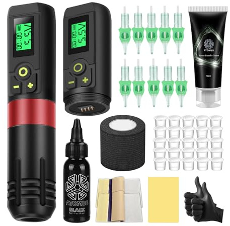 ATOMUS Kit de Máquina de Tatuaje Inalámbrica Roja, Bolígrafo Giratorio Con Batería, Fuente de Alimentación de 1300 mAh, 2 Unidades, Pantalla LED