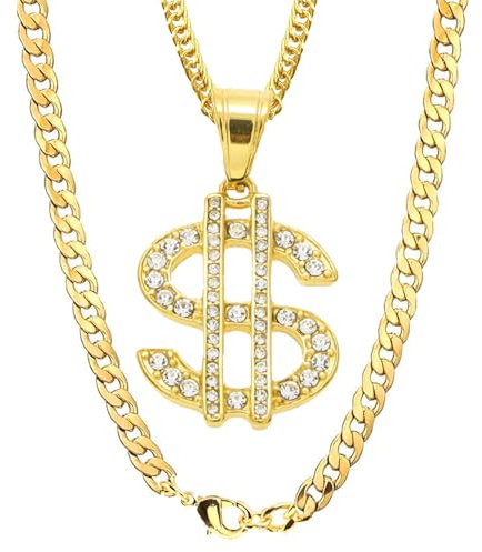 Xuigort Dollar Sign Necklace, Fake Gold Chain With Rhinestones, Alloy Hip Hop Costume Necklace Fancy Dress Rapper Accessories For Men Women Hip Hop Costume Party