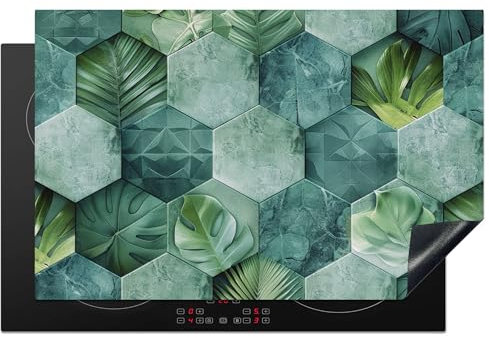 Kitchenyeah© Copri Piano Cottura 80x52 cm Tappetino Piano Piastra Induzione Proteggi Induzione Copri Fornelli Protezione Di Cottura Antigraffio Copripiano Cucina Verde - Forme - Foglie