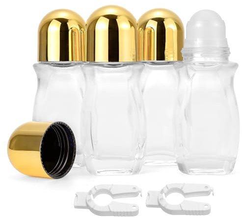 Pxyelec 4 pcs 50 ml Clear Glass Roller Bottles, Empty Rollerball Bottles with Plastic Roller Ball and White Opener Deodorant Container for Essential Oils, Perfume (Gold Lid)