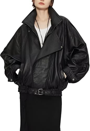 A&M Express Damen Echt Schaffell Lederjacke Stehkragen mit Fledermausärmeln, Schwarz , S