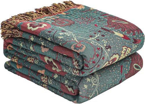 HOORDRY Boho Tagesdecke 100% Baumwolle - Doppelseitiger Musselin Bettüberwurf, Kuschelige Sofadecke & Wohnzimmer-Accessoire, Aesthetic Design-230x250CM,Grün