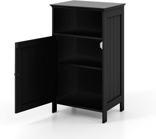 Multigot Bathroom Floor Cabinet, Wooden Single Door Storage Cupboard with Adjustable Shelf, Freestanding Organizer Unit Narrow Corner Side Cabinet for Bathroom Living Room Entryway (Black)