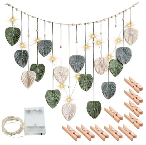 Makramee Wandbehang Boho Deko, 120x75cm Boho Deko Makramee Wandbehang mit LED Lichterkette, Makramee Blätter Wandteppich mit Holzperlen und Grün Blätter für Schlafzimmer Wohnzimmer Kinderzimmer
