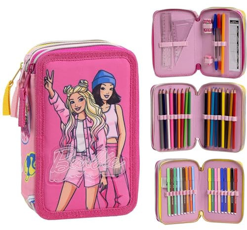 CERDÁ LIFE'S LITTLE MOMENTS Plumier con Accesorios Giotto Barbie con Lápices, Rotuladores Y Bolígrafos | Estuche Escolar Completo Triple con Diseño De Barbie