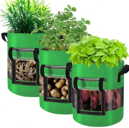 3er-Set Pflanzsack 10 Gallon (38 L) Kartoffelwuchstaschen Heavy Duty atmungsaktives Vlies Garten Pflanzbeutel, wiederverwendbar, ideal für Kartoffeln, Tomaten, Kräuter, Balkon & Garten (Grün 3er, L)