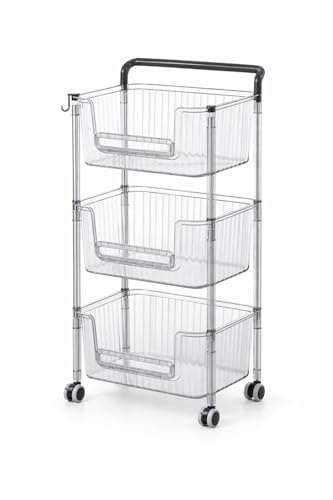 AWOI 3 Tier Clear Plastic Storage Trolley Cart with Wheels, Lightweight Rolling Organiser Tower with Open-Front Bins for Crafts, Bathroom & Bedroom
