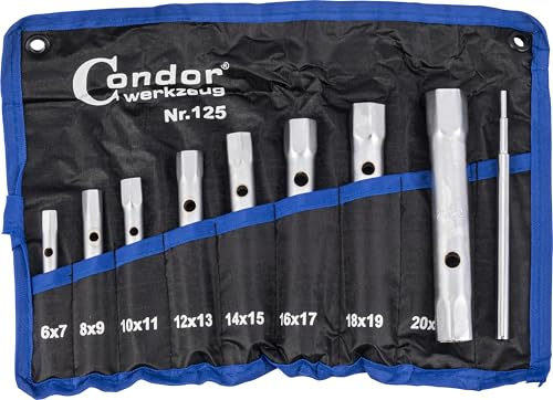 CONDOR Werkzeug 125 | Rohrsteckschlüssel-Satz Doppelrohr-Set Steckschlüsselsatz | 9-tlg. | SW 6x7-20x22 mm | inkl. Tetron-Rolltasche & Doppelsteckschlüssel Set mit verchromter Oberfläche