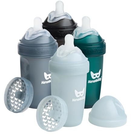 Herobility Anti-Colic Baby Bottles 8.5 oz/240ml - Pack of 4 Plastic Baby Bottles, Medium Flow Plastic Bottles, Breast-Shaped Teat for Breastfed Babies- Multicolor -Black, Dark Green, Iron Blue, Grey