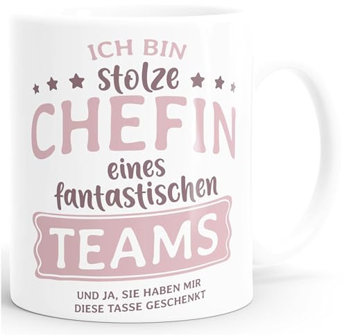 MoonWorks® Kaffee-Tasse Bürotasse Spruch Ich bin stolze/r Chefin/Chef eines fantastischen Teams Geschenk Chef/in Teamleiter/in Vorgesetzter Weiss Keramik-Tasse