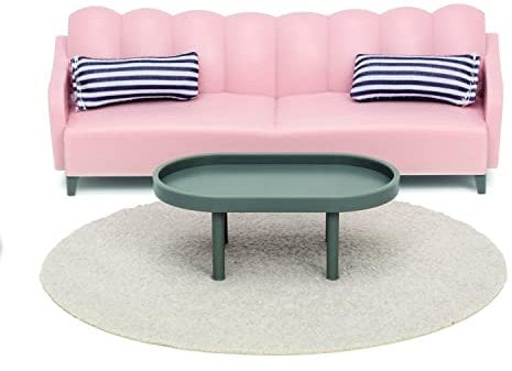 LUNDBY Puppenhaus Wohnzimmer Möbel Set 5-teilig – Sofa Couch, Couchtisch, Teppich, 2X Kissen – Puppenhaus Möbel für Miniatur Haus – Puppenzubehör Set für 11 cm Puppen im Maßstab 1:18