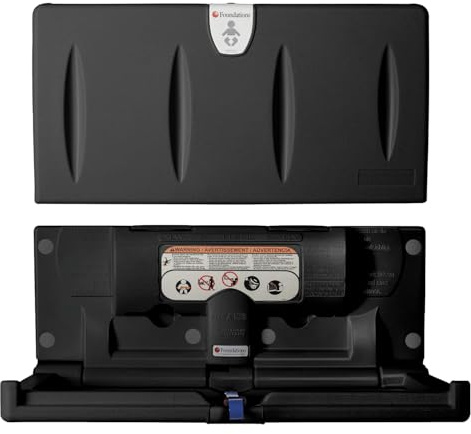 Foundations Classic Horizontal Baby Changing Station w/EZ Mount Backer Plate, Wall Mounted, One Handed Adjustable Safety Strap & Liner Dispenser, Black (100-EH-BP-02)