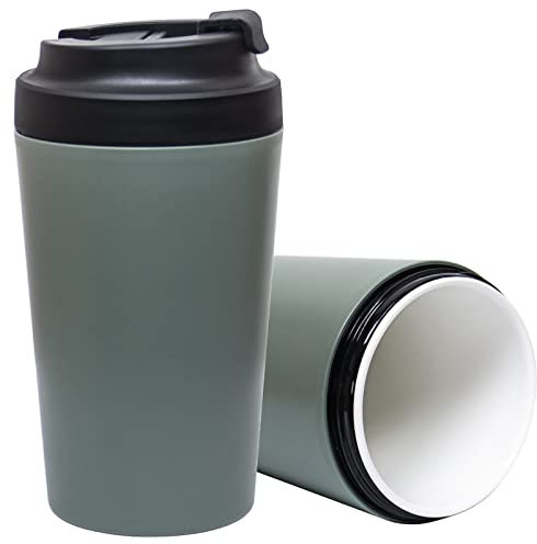 Klaraber Travel Coffee Cup, Ceramic Lined Travel Mug with Leakproof Lid, Insulated & Reusable, Eco-Friendly for Hot & Cold Drinks 380ml (Green)