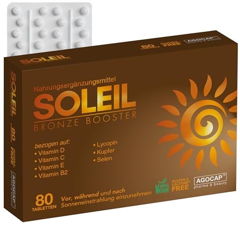 Acceleratore Abbronzatura Forte, SOLEIL. Integratore abbronzatura, 80 compresse con Betacarotene, Rame, Selenio, Licopene, Vitamine C, D, E, B. Autoabbronzante corpo - Prepara, Accelera e mantiene