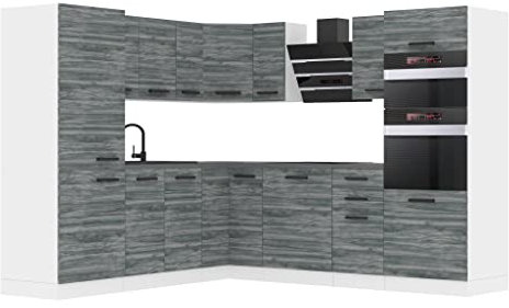 Belini Küchenzeile Küchenblock Küche L-Form Stacy Küchenmöbel mit Griffe, Einbauküche ohne Elektrogeräten mit Hängeschränke und Unterschränke, mit Arbeitsplatten, Glamour Wood