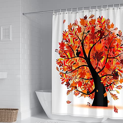 Duschrollo für Badewanne, Duschvorhang Stoff Waschbar Orange Ahornblattmuster mit Pflanzenmotiv Stilvoller Duschvorhang 150X200cm