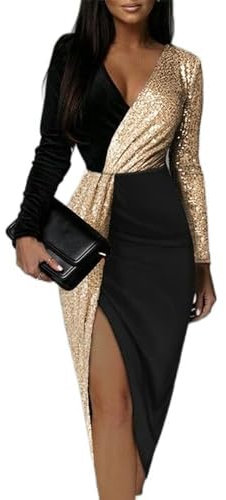 WSZJLN Black Gold Sequins Patchwork Long Sleeve Prom Slit Dress Luxury High Waist Party Evening Midi Dresses for Women-Black Golden-M
