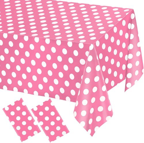 WNINK 2 Packs Minnie Mouse Table Cloths Pink Polka Dot Tablecloth Disposable Plastic Pink Waterproof Picnic Table Covers Pink and White Dots Minnie Tablecover for Birthday Party 54 x 108 Inch