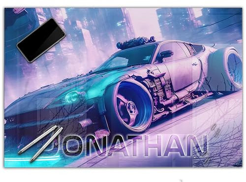 Gaming Schreibtischunterlage personalisiert mit Namen | wasserfeste Schreibunterlage, abwischbar, hochwertiges Acrylglas, Gamer Teenager Kunststoff | 60x40cm Rennwagen