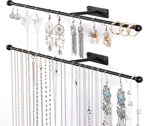 Josmimic Schmuck-Organizer zum Aufhängen an der Wand: 32,6 cm Halskettenhalter für Ohrringe, Armbänder, Ringe, Haarbänder, Brillen, schwarz, 2 Stück, Schrauben im Lieferumfang enthalten