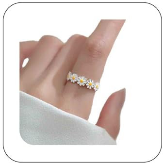 Dervivea Boho Gänseblümchen Blume Ring Silber Gänseblümchen Einstellbar Offener Ring Weiß Emaille Blume Wrap Ring Winzige Sonnenblume Fingerring Silber Offen Aussage Ring Schmuck Für Frauen
