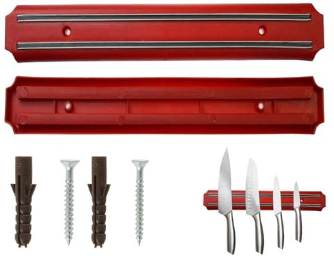 1 X Magnetic Knife Holder Storage Rack Twin Strip Multipurpose Utensil Kitchen Craft Tool Holder Organizer for Wall Fixings Included (Red 33cm)