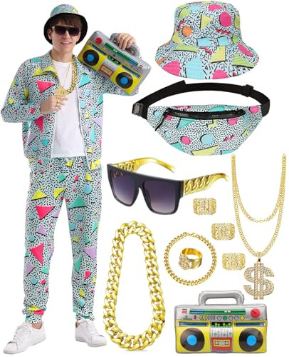 80er 90er Jahre Trainingsanzug Outfit Herren, Kostüm Jogginganzug Hose Set, Aufblasbarer Ghettoblaster Bauchtasche Sonnenbrille Hut Halskette Armband Ring, Hip Hop Sportbekleidung Karneval Mottoparty