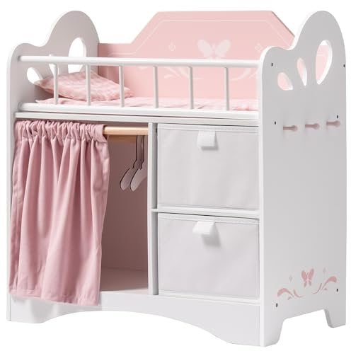 ROBUD Lit Poupee en Bois avec Armoire, Literie, Rangement et Crochets, Lit de Poupée Accessoires pour Poupées Jusqu'à 55 cm, pour Enfant à Partir de 3 Ans (Rose)