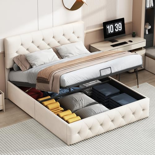 JYNVO Bett 160x200 cm, Polsterbett mit Stauraum, Bett mit Stauraum, Hydraulisches Stauraumbett, Doppelbett mit Bettkasten, Lattenrost, Beige, Samt, ohne Matratze