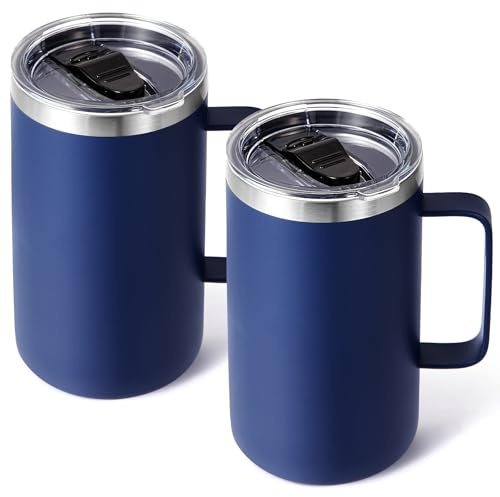 Volhoply 650ml (22oz) Insulated Coffee Mug with Lid and Straw, Stainless Steel Travel Mugs with Handle, Double Wall Vacuum Coffee Tumbler for Hot and Cold Drinks (Navy,2 Pack)