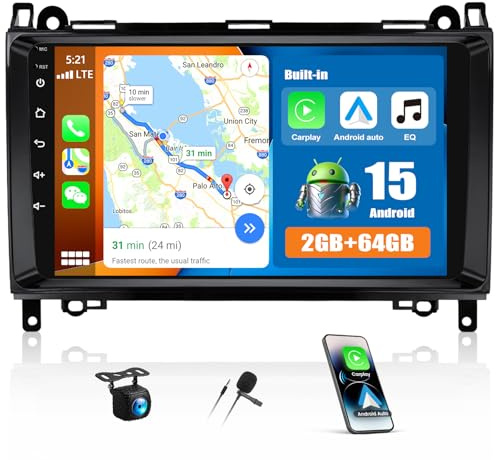 CAMECHO 2+64G Android 15 Autoradio für Mercedes A W169 B W245 2004-2012 | 9 Zoll 2.5D, auch Vito W639 Sprinter W906, CarPlay kabellos, Android Auto, GPS, BT 4.1, FM/RDS, Split Screen, Rückfahrkamera
