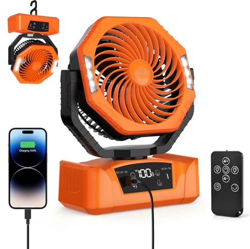 ELZO 20000mAh Ventilatore da campeggio con luce LED, Ricaricabile per Scrivania Tenda, USB Telecomando E gancio, 5 Velocità con Modalità sonno per Casa Ufficio Viaggi Pesca (Arancione)
