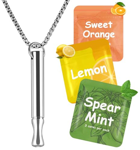 Breathing Necklace with Resistance for Mindful Relaxation, Portable Breathing Necklace with 3 Flavoured Filters (Mint, Lemon, Orange) for Calm & Focus