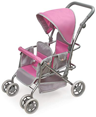 Badger Basket Double Doll Stroller - Pram for Baby Doll with Adjustable Seats & Storage Basket - Fits Doll Up to 20 Inches - Best for Toddler and Kid Pretend Play Ages 3 and Up - Pink/Grey