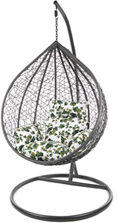 Kideo Komplettset: großer Hängesessel mit Gestell & Kissen, Korbsessel, Poly-Rattan (Korb & Gestell: grau, Kissen: weiß/grün Nest (1068_Summer_Vine))