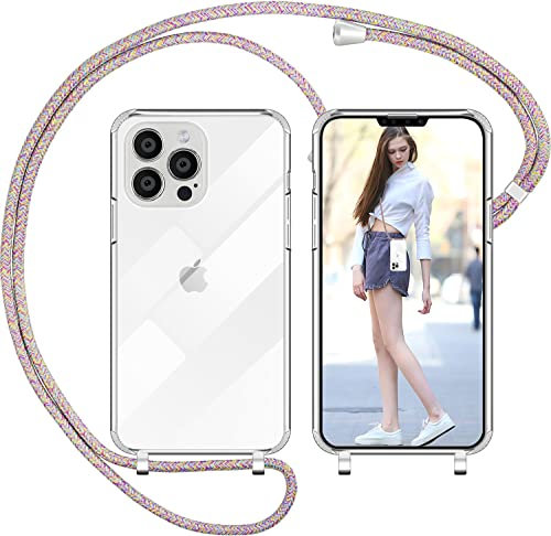 Nupcknn Funda Silicona con Cuerda para iPhone 13 Pro MAX, Carcasa Suave Silicona Case con Correa Colgante Ajustable Collar Correa de Cuello Cadena Cordón 1.5M (Arcoíris)