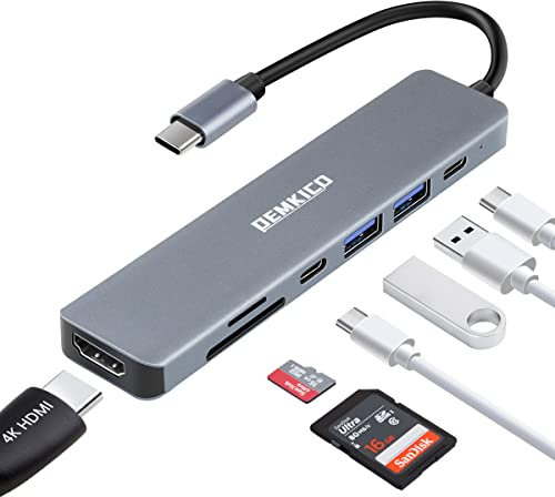 7 in 1 DEMKICO Multiporta USB C Hub con 4K HDMI, Lettore SD/TF, 2 Porte USB, Porta di trasferimento Dati USB C, Ricarica PD da 87W, Compatibile con MacBook PRO Air/XPS e Altri dispositivi USB C