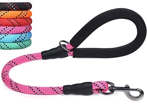 VIVAGLORY Short Dog Lead with Comfortable Padded Handle, 61cm Durable Rope Short Walking & Training Leashes for Dogs with Highly Reflective Threads for Medium & Large Dog, Pink