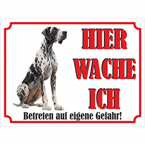 INDIGOS UG - Deutsche Dogge - Schild bedruckt - Hier wache ich - Aluverbundplatte weiß - ab 20x15 cm - Spruch - Deko Geschenkidee für Ihren Hund - Zaun - Türschild
