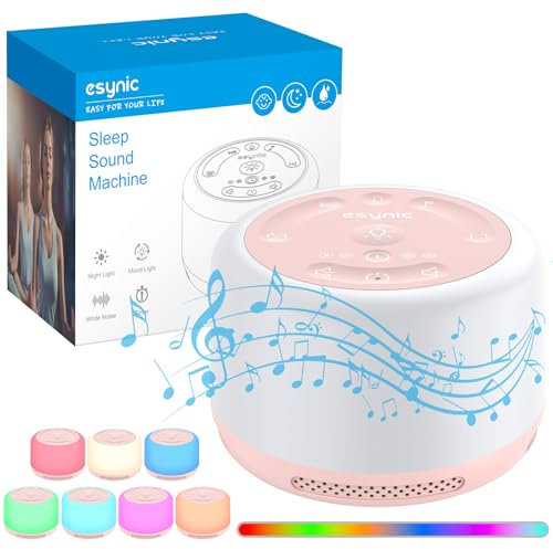 eSynic White Noise Machine for Baby Adults- Rechargeable- 30 Soothing Sounds- 3 Timer Setting- 7 Color Night Light- Allow Wireless Connection- Sound Machine Baby Noise Machine- for Better Sleep(Pink)
