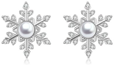Kamise Schneeflocke Ohrstecker Silber 925, Hypoallergen Weihnachten Ohrringe für Damen, Ohrringe Stecker mit Weiß Perle Zirkonia, Ohrringestecher mit Geschenkbox zum Weihnachtstag für Frauen Freundin