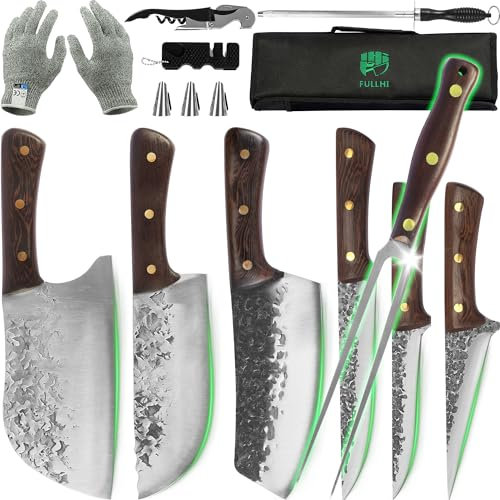 FULLHI Set di 17 coltelli portatili da macellaio con carne, forchetta da cucina, con custodia, in acciaio al carbonio, per cucina, campeggio, barbecue (13 pezzi)
