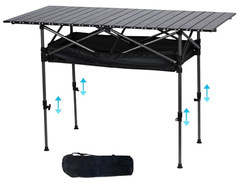 iondelce Table de Camping réglable en Hauteur, Table d'extérieur Pliante Portable avec Grand Organisateur de Rangement et Sac de Transport, Table de Pique-Nique Pliable 120cm (L) x 56 cm (l)