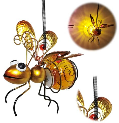 BomKra Bee Solar Lights Outdoor Garden Hanging Metal Bees Lanterns Novelty Bugs Ornament with Bouncy Springs, Solar Fairy Garden Lights for Decorations Balcony