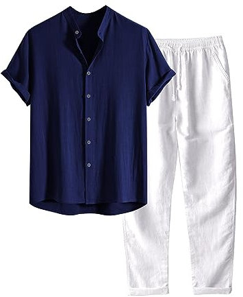 2-teiliges Leinen-Outfit für Herren mit Knopfleiste lässig lockere Hose Herren 2 Stück Casual Leinen Outfits Sommer Kubanischen Kragen Walking Anzüge für Strand Urlaub