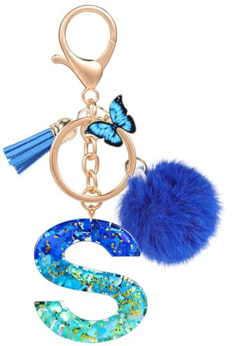 MWOOT Name Buchstabe S Schlüsselanhänger, Blau Schlüsselband für Damen, Harz Schlüsselringe für Tür Auto Schlüssel Handtaschen Deko