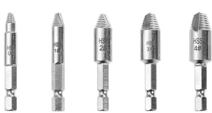 5 Stück beschädigte Schraubenausdreher-Bohrer, Schnellarbeitsstahl, doppelt, leicht herauszunehmen, seitlich ausbohren, gebrochene Schrauben-Entferner-Bolzen(Silver)