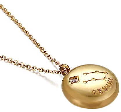 Musihy Kette mit Anhänger Gold, Edelstahl Runder Anhänger mit Gemini-Muster Halskette 39cm für Frauen