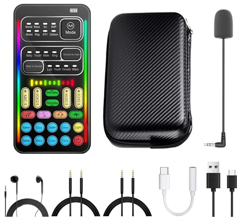 Changeur de voix en temps réel avec carte son - 8 effets vocaux, accessoires complets inclus (mini micro, écouteur moniteur, 2 adaptateurs), Plug & Play, compatible avec PC, PS5, Xbox, Switch, Android